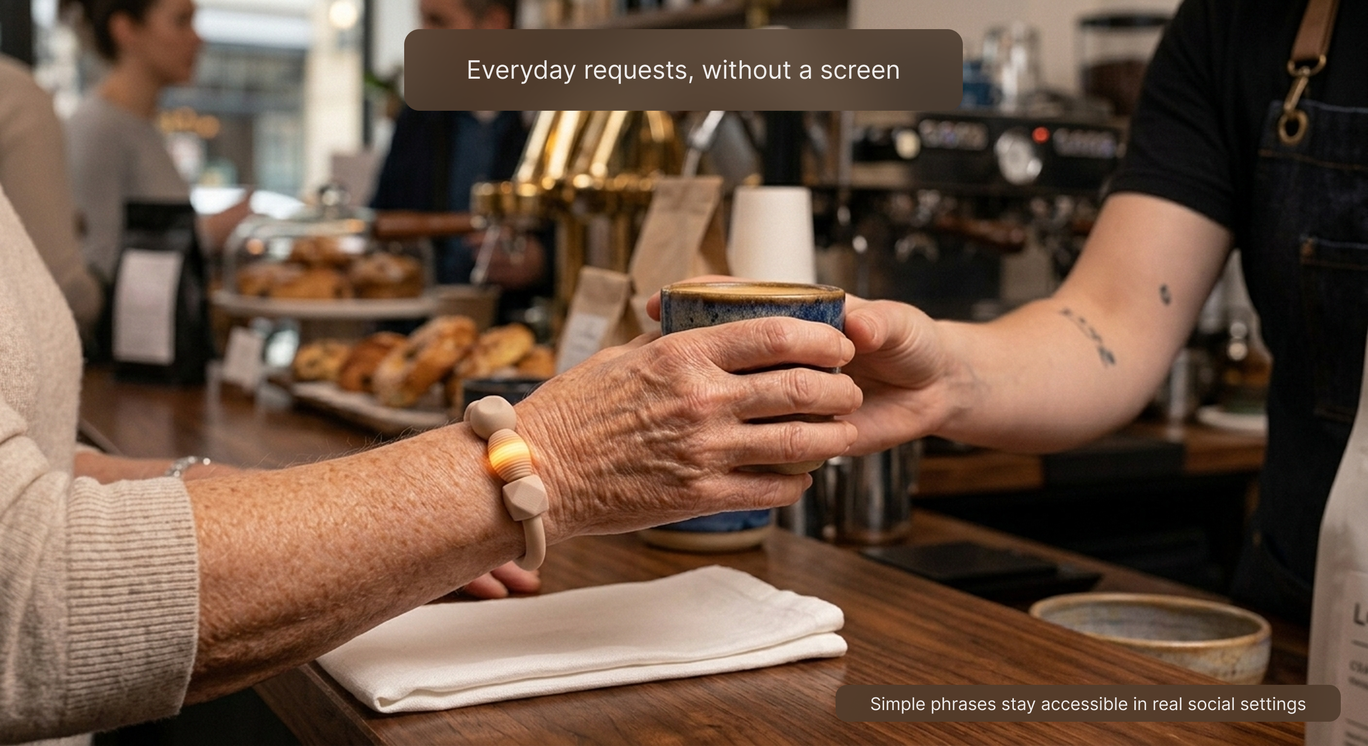 Everyday phrases like water, tea, and thank you mapped to the bracelet.